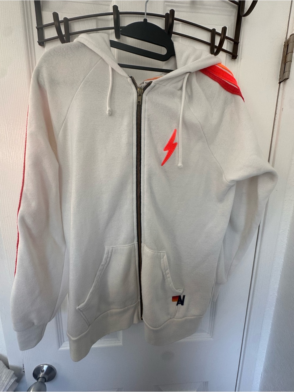 Aviator Nation White Zip up Hoodie- 4 stripe Neon and seen bolt in front- M